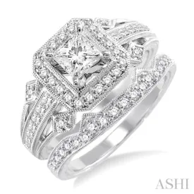 1 1/5 Ctw Diamond Wedding Set with 1 Ctw Princess Cut Engagement Ring and 1/5 Ctw Wedding Band in 14K White Gold