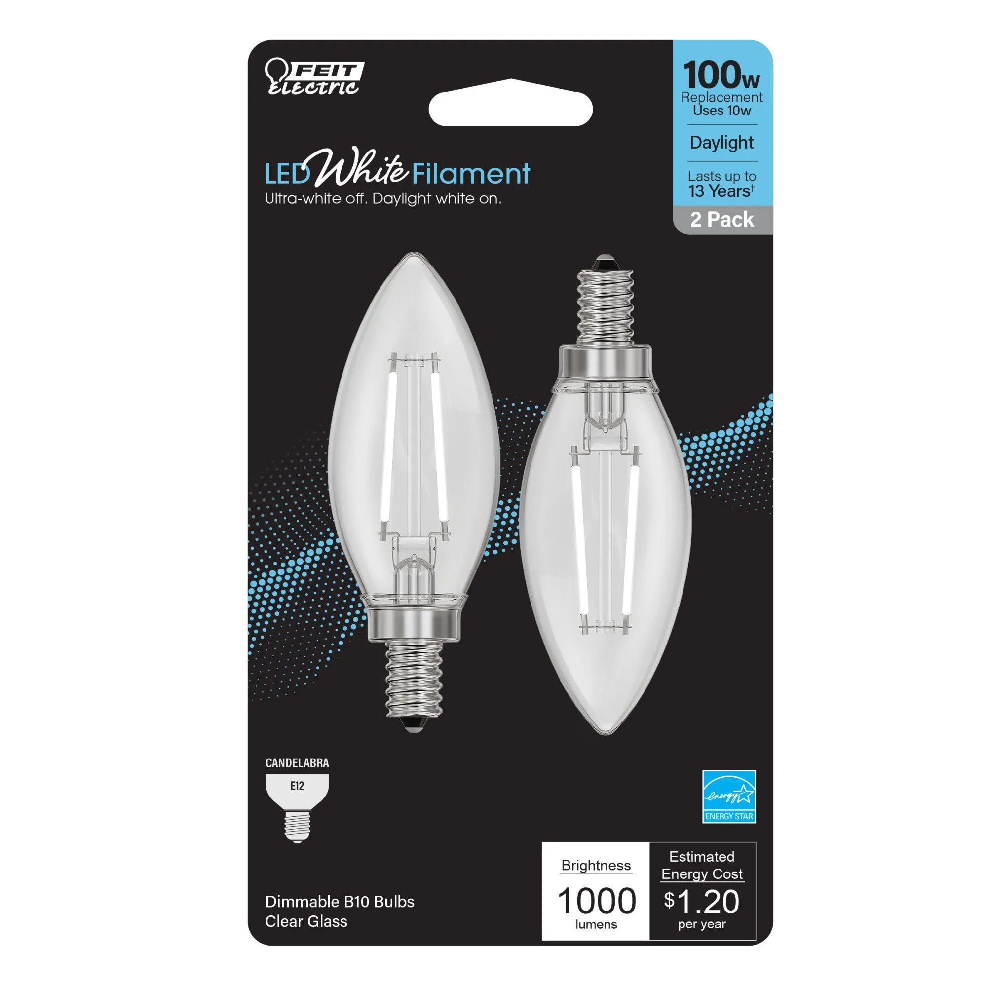 10W (100W Equivalent) Daylight (5000K) B10 Shape (E12 Base) Torpedo Tip LED Exposed White Filament Bulb (2-Pack)