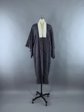 1940s Vintage Silk Kimono Robe with Dark Gray Floral Print