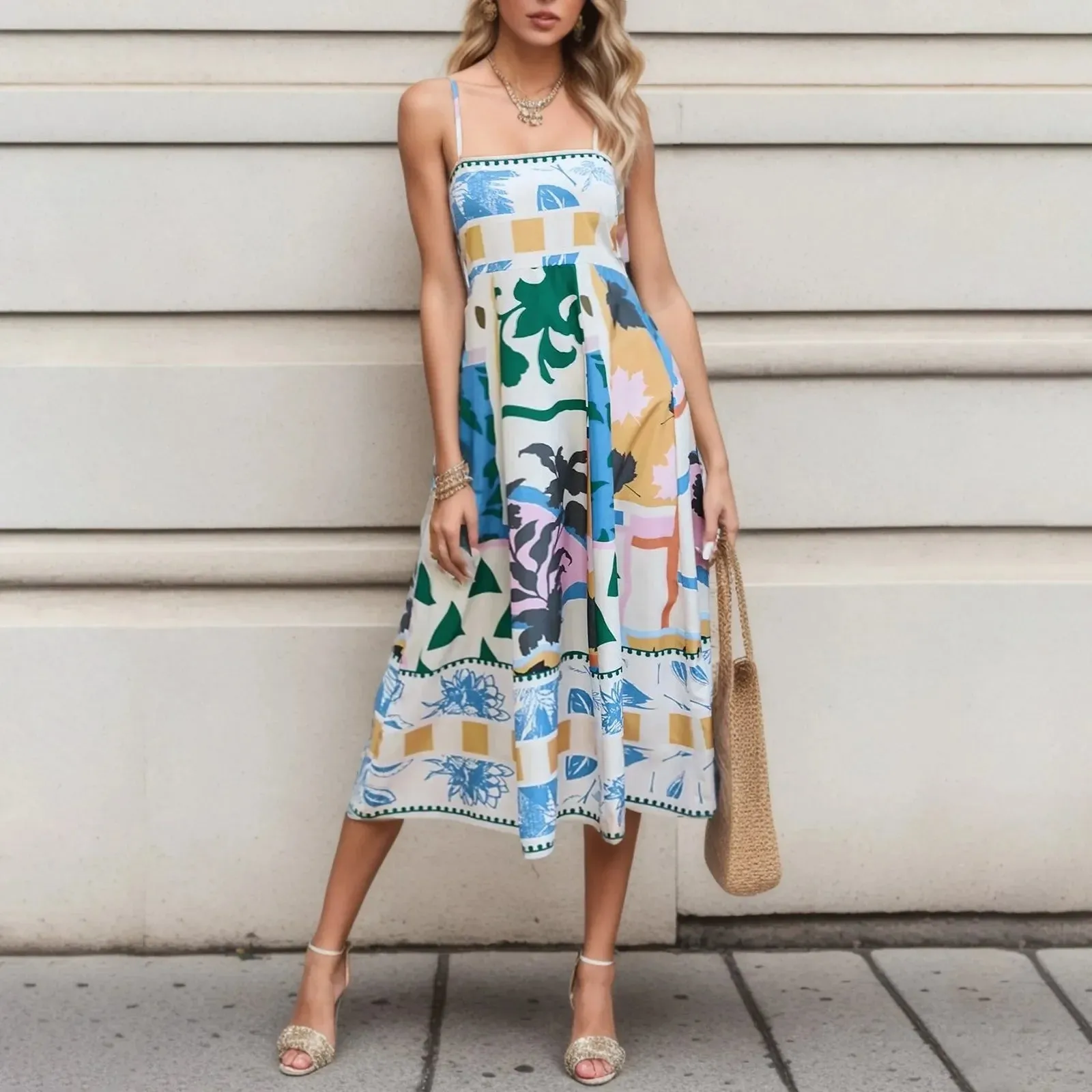 2024 Sexy Boho Floral Printed High Waist A-Line Swing Midi Dress