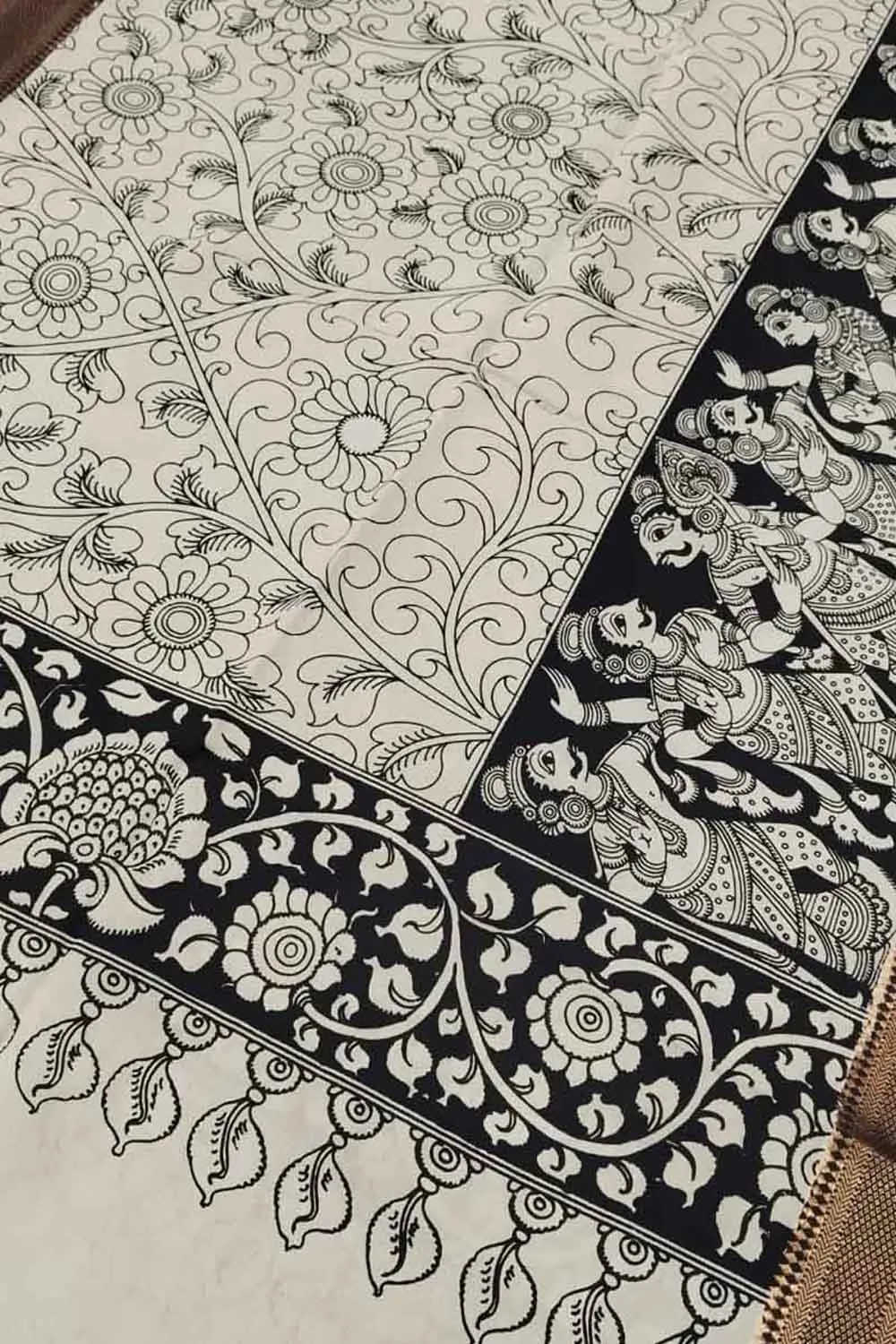 Black & White Hand Painted Kalamkari Banglore Silk Dupatta