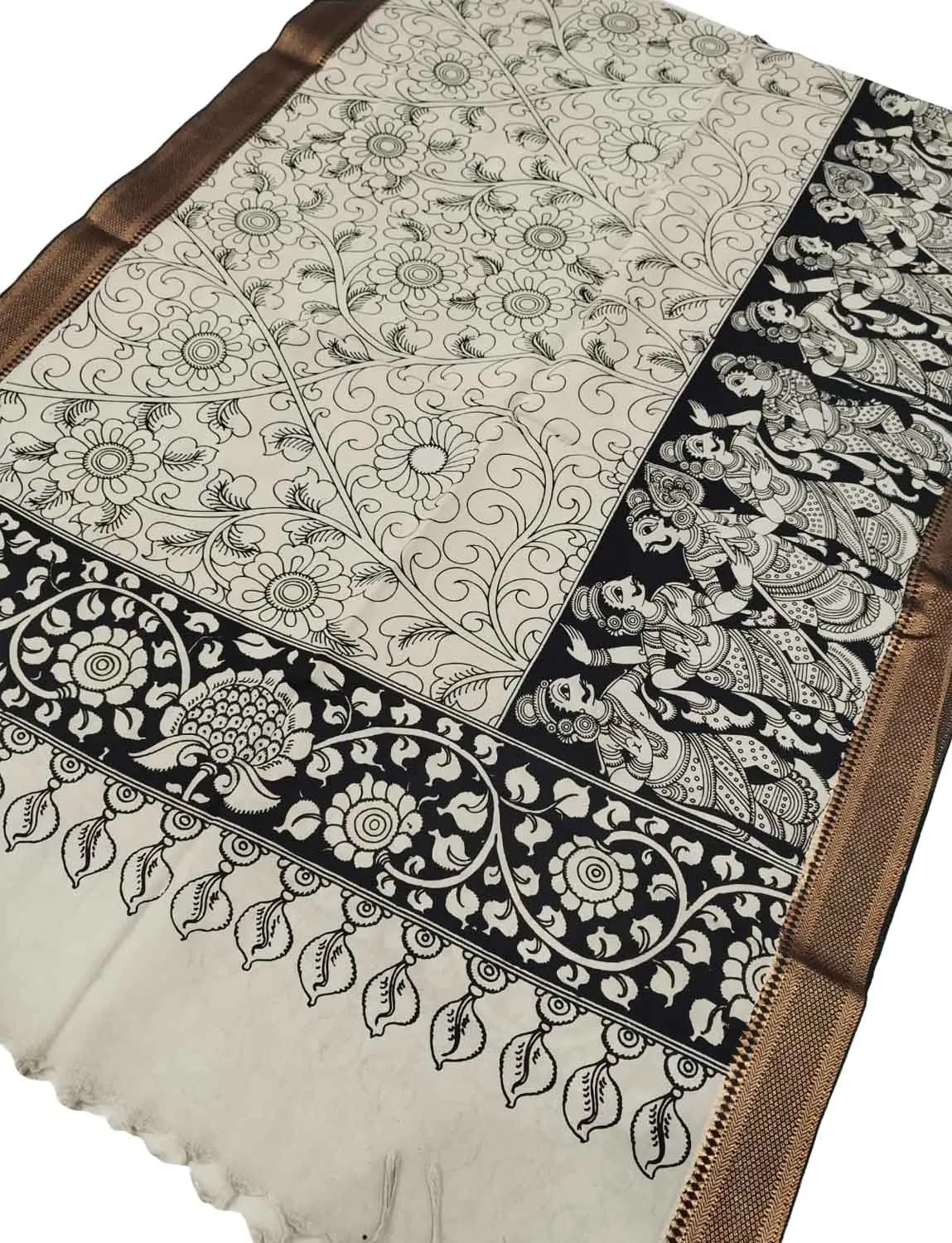 Black & White Hand Painted Kalamkari Banglore Silk Dupatta