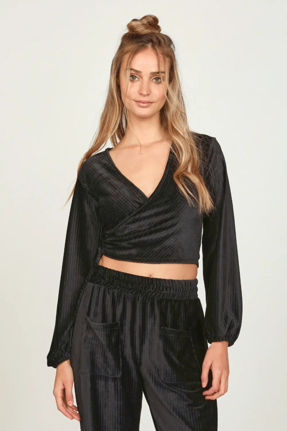 Black Velour Surplice Top