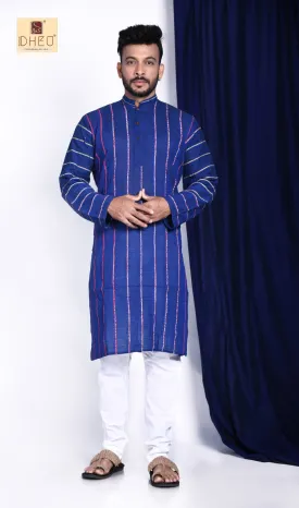 Blue Cotton Khes Kurta for Men