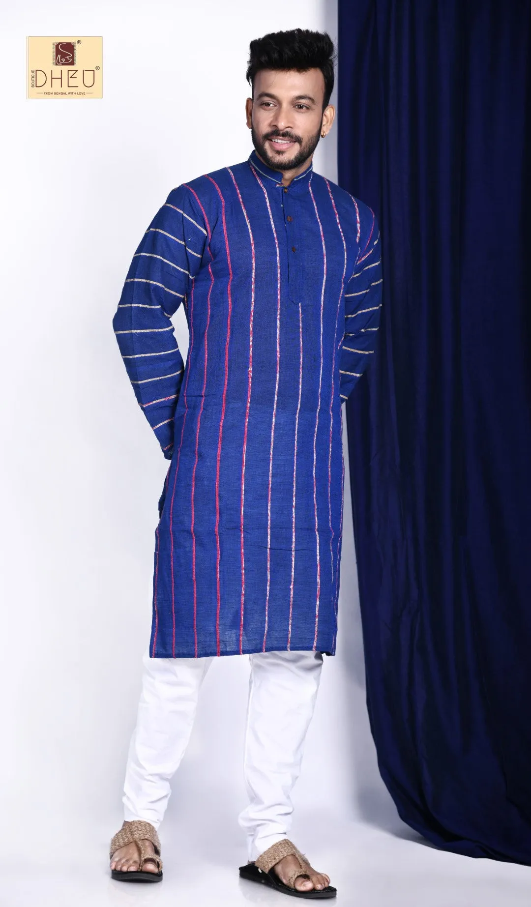 Blue Cotton Khes Kurta for Men