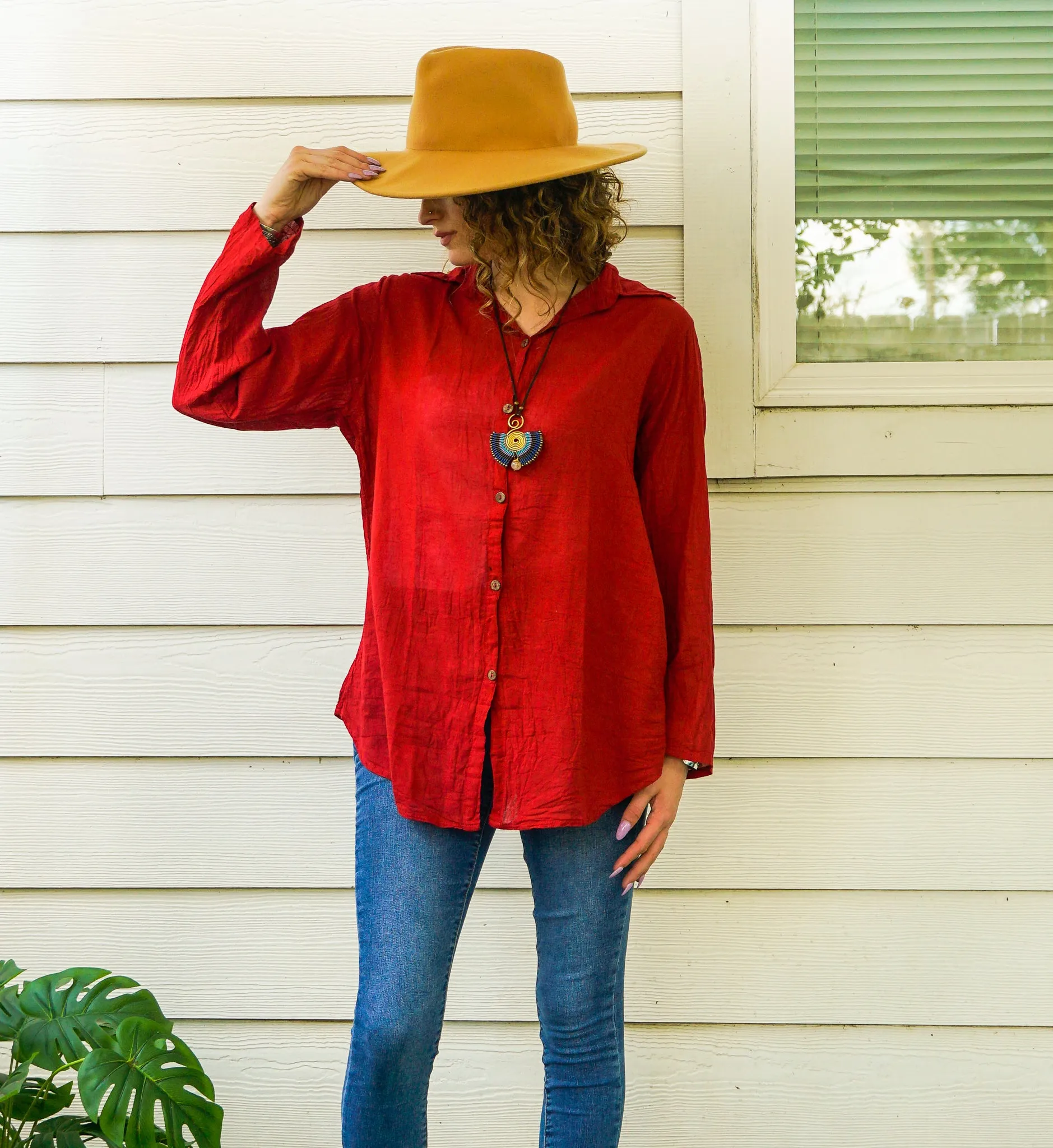 Burgundy Raw Cotton Gauze Collared Long Sleeve Blouse