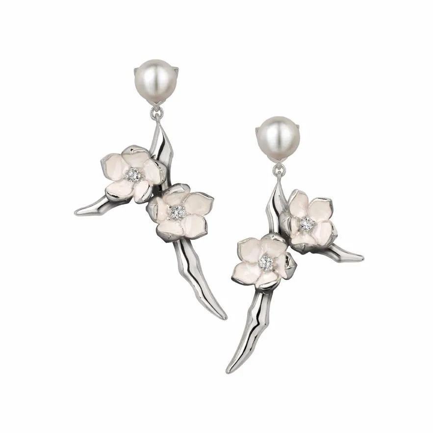 Cherry Blossom Branch Drop Earrings - Silver, Diamond & Pearl