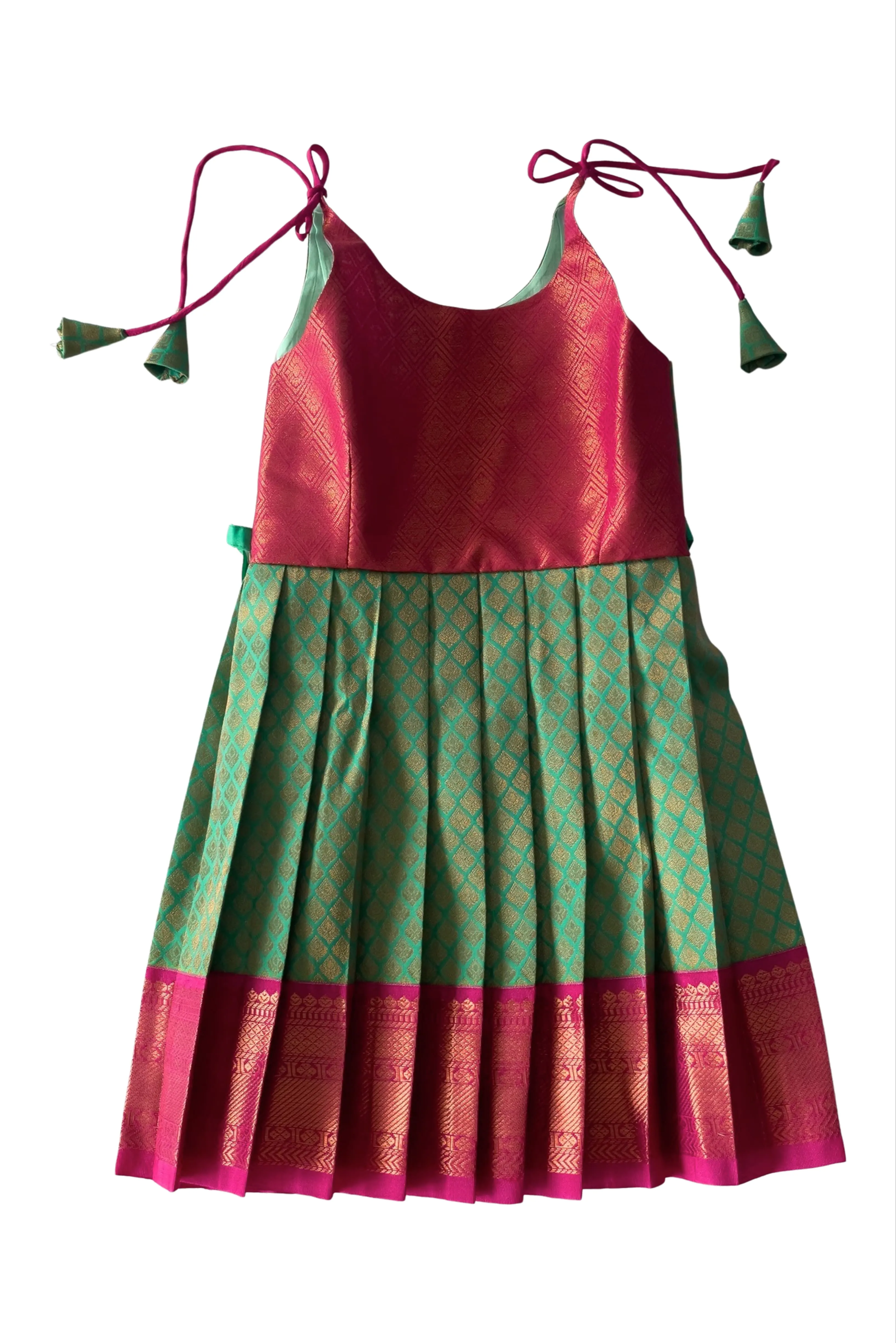 Chic Magenta and Green Tie-Up Silk Frock for Girls - Traditional Elegance