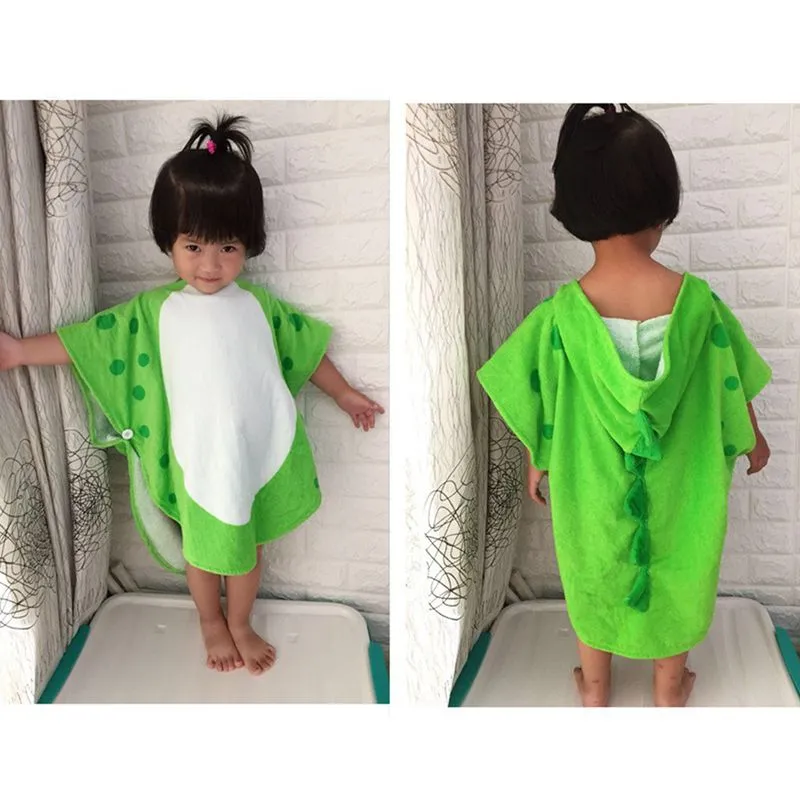 Children Bath Towel Robe Kids Hooded Beach Swimming Poncho Dinosaur Pattern(Green White 55 Cm x 110 Cm)