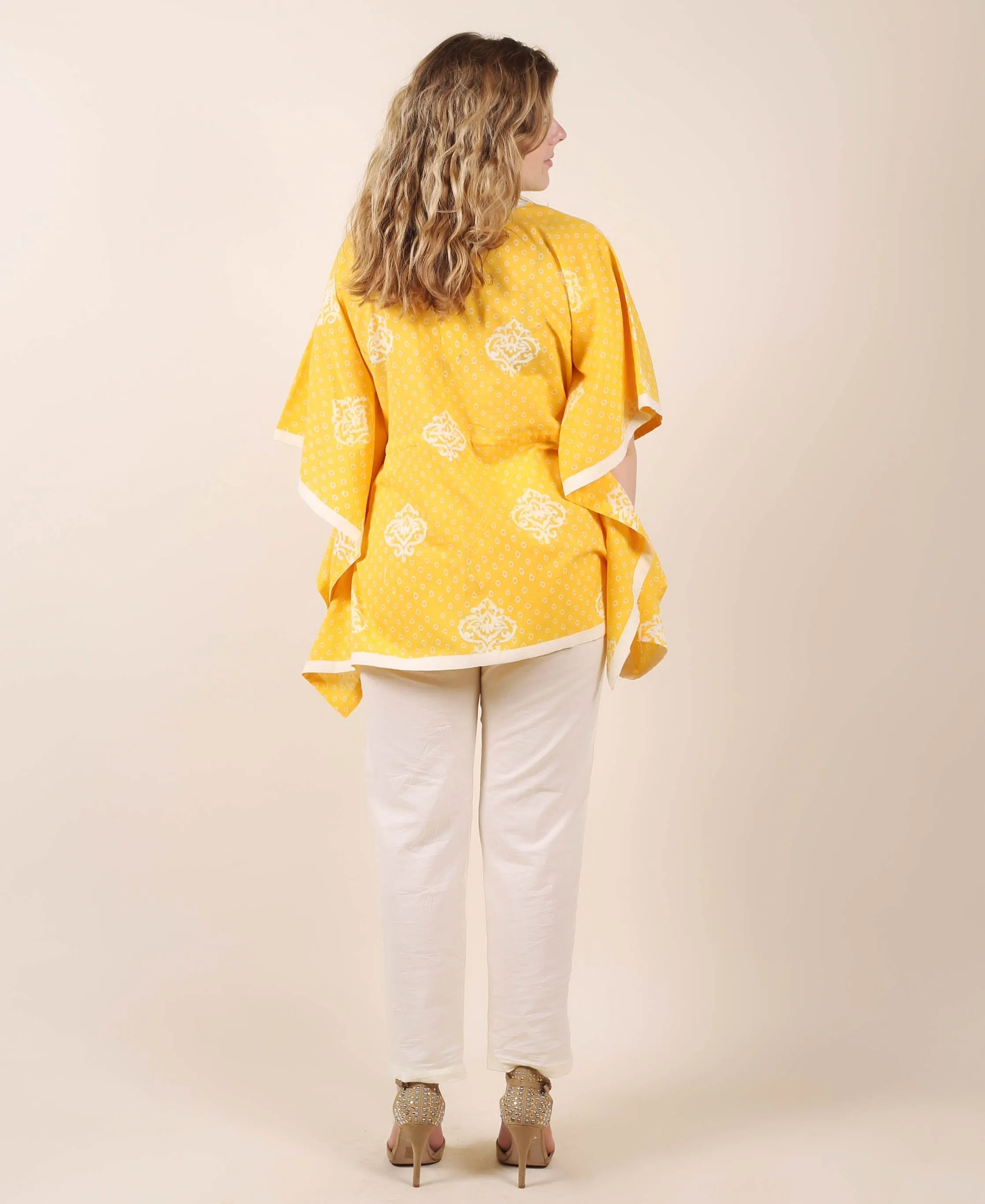 Cotton Yellow Printed Kaftan Top With White Trouser