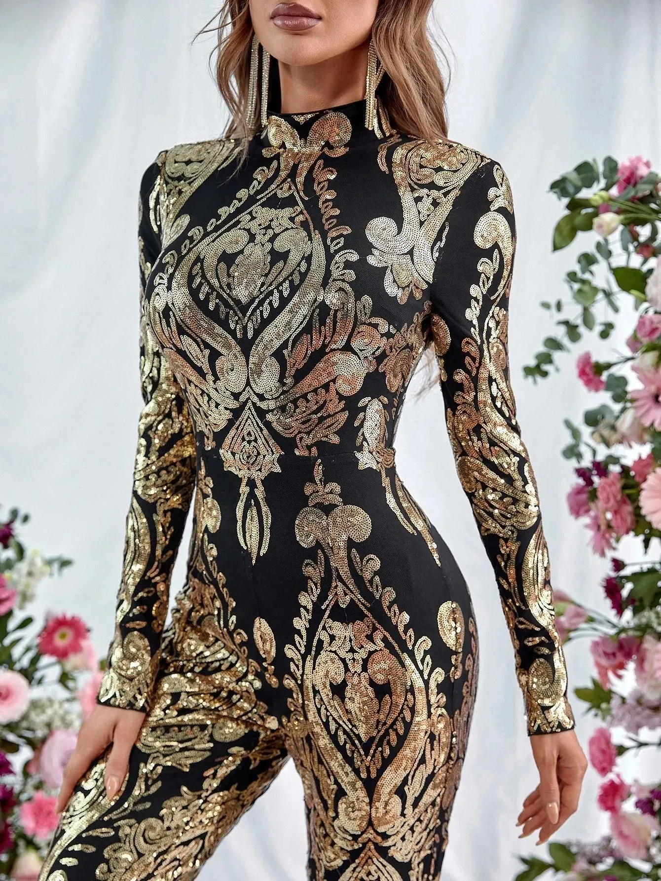 Elegant Stand Neck Long Sleeve Sequins Jumpsuit