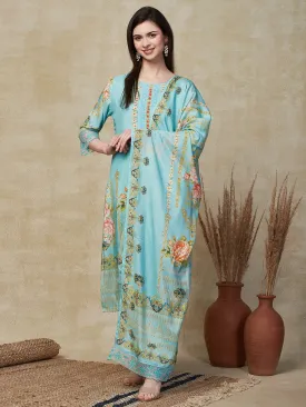 Ethnic Floral Printed Straight Fit Kurta with Pant & Dupatta - Turquoise Blue