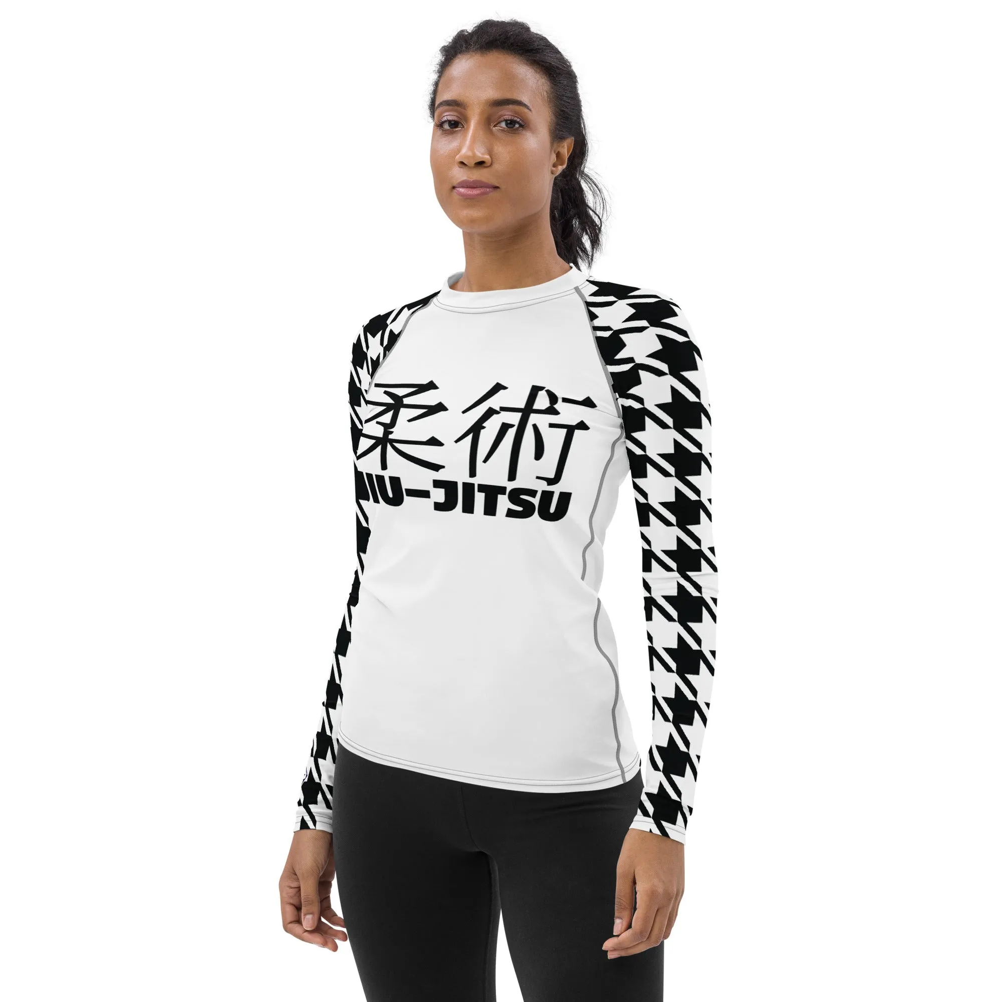 Fashion Meets Function: Women's Classic Jiu-Jitsu Houndstooth BJJ Rash Guard Blanc