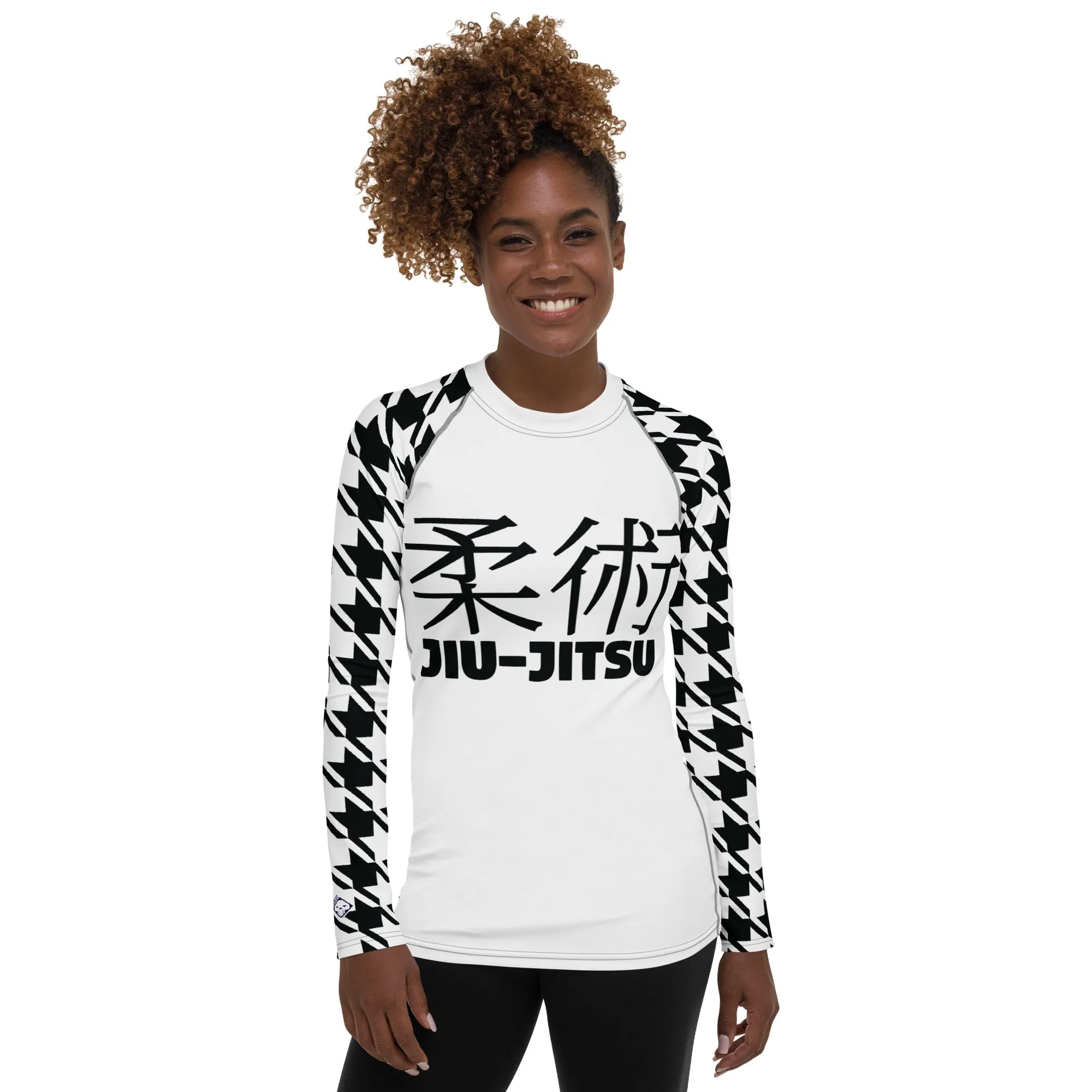 Fashion Meets Function: Women's Classic Jiu-Jitsu Houndstooth BJJ Rash Guard Blanc