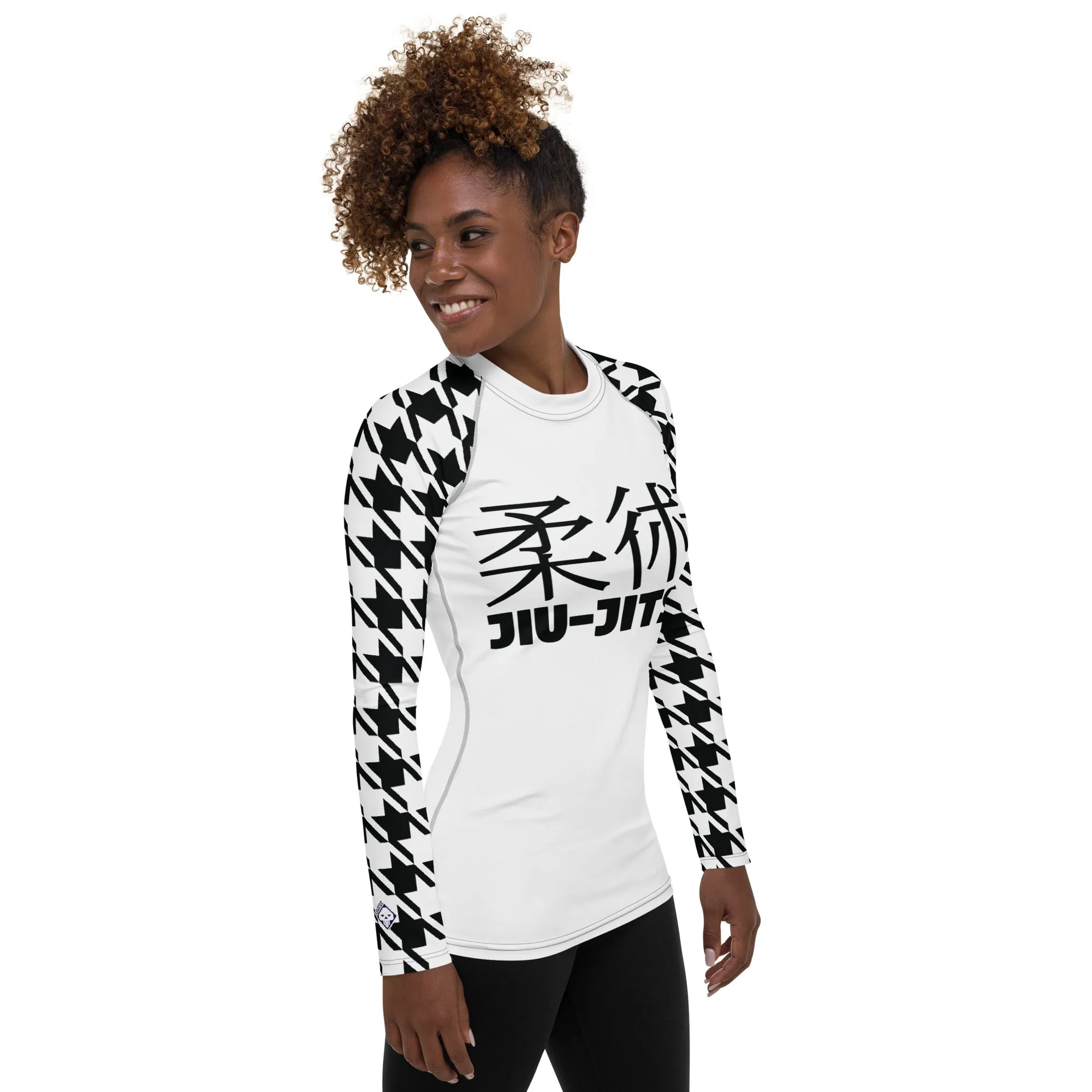 Fashion Meets Function: Women's Classic Jiu-Jitsu Houndstooth BJJ Rash Guard Blanc