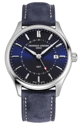 Frederique Constant Classics GMT Stainless Steel Blue Dial Blue Leather Strap Date Quartz Mens Watch FC-252NS5B6