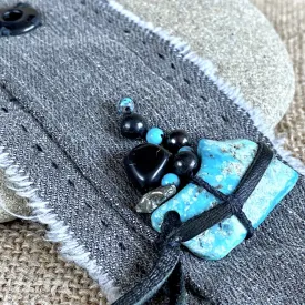 Gray Denim Cuff Bracelet, Shungite, Turquoise, Pyrite, Black Leather