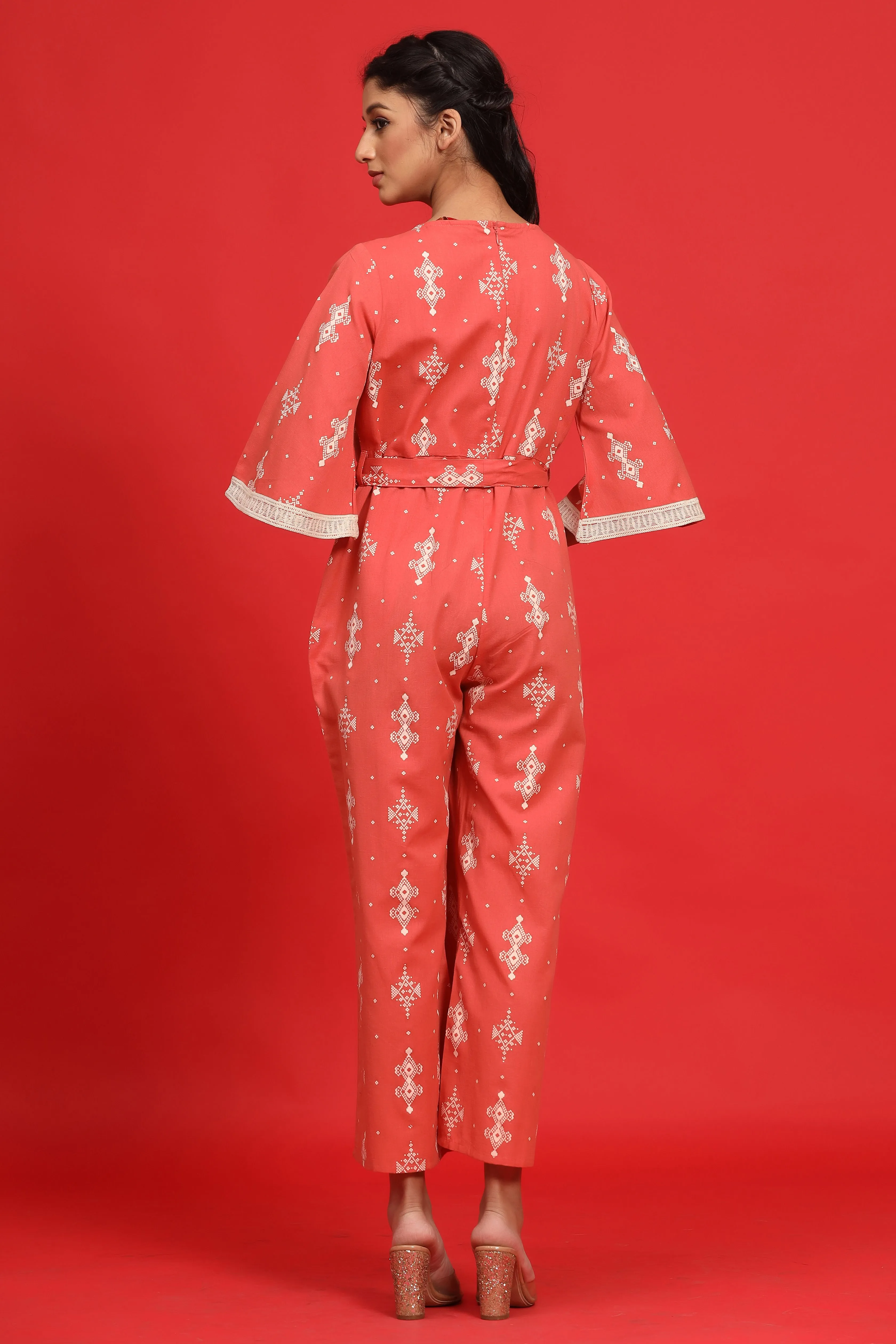 Juniper Peach Geometric Printed Cotton Flex Jumpsuit With Zip Closure