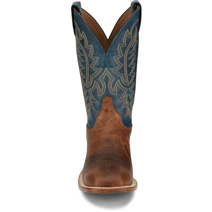 Justin Men's Bent Rail Poston Western Boot in Amber Brown Cowhide/Royal Navy