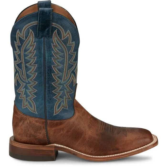 Justin Men's Bent Rail Poston Western Boot in Amber Brown Cowhide/Royal Navy