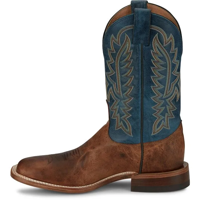 Justin Men's Bent Rail Poston Western Boot in Amber Brown Cowhide/Royal Navy