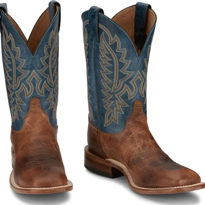 Justin Men's Bent Rail Poston Western Boot in Amber Brown Cowhide/Royal Navy