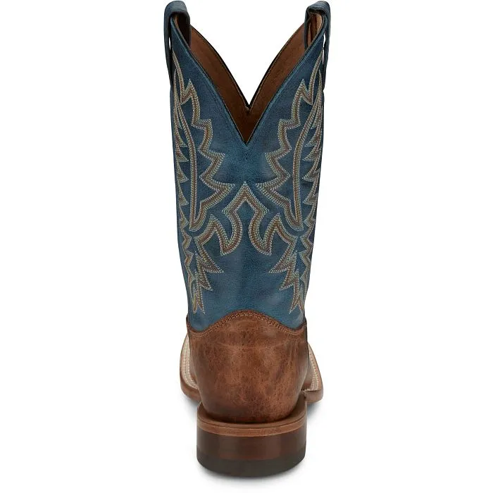 Justin Men's Bent Rail Poston Western Boot in Amber Brown Cowhide/Royal Navy