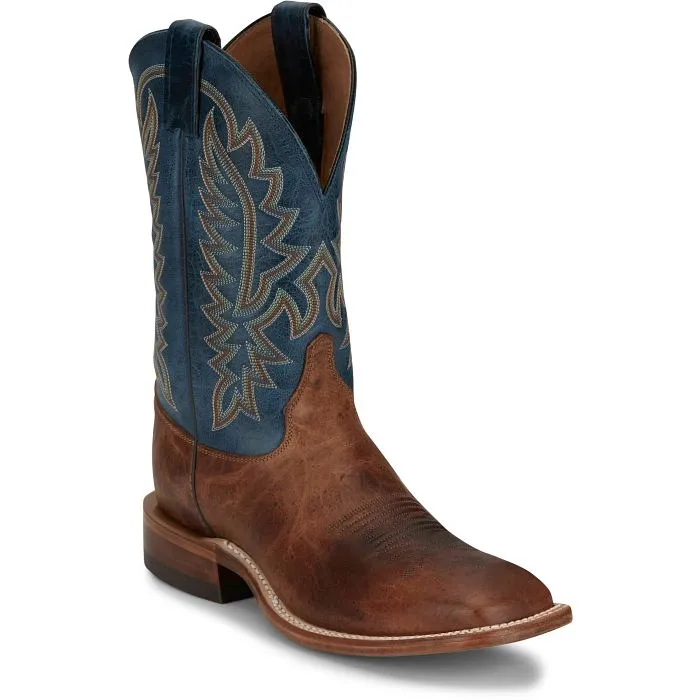 Justin Men's Bent Rail Poston Western Boot in Amber Brown Cowhide/Royal Navy