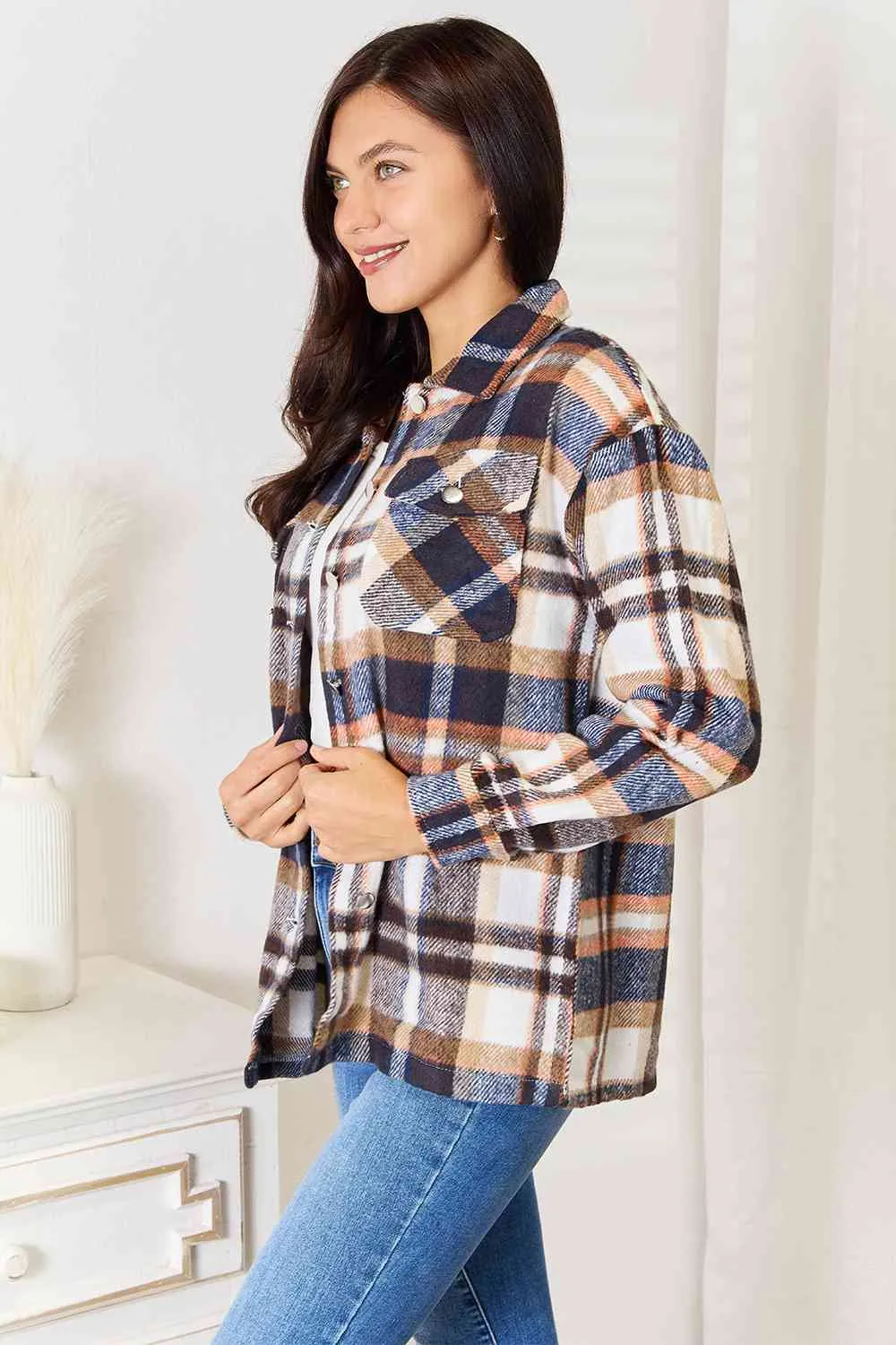 Navy Plaid Button Front Shirt Jacket with Breast Pockets