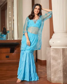 Tijori Light Blue Leheriya Organza Sharara Set