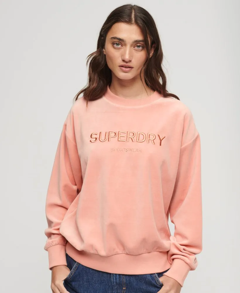 Velour Graphic Boxy Crew Sweatshirt | Peach Beige